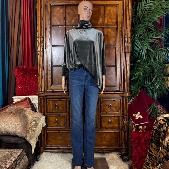 WynneLayers Dark Slate Stretch Velvet Side Slit Turtleneck Top - Picture 6 of 16